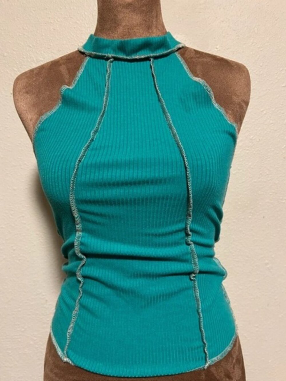 M Gilded Intent Green Ribbed Halter w/Ivory Stitching